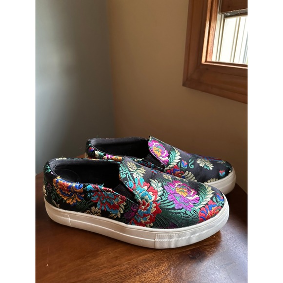 Brash Shoes - Brash Womens Floral Embroidered Brocade Slip On Platform Sneakers Black Multi 7